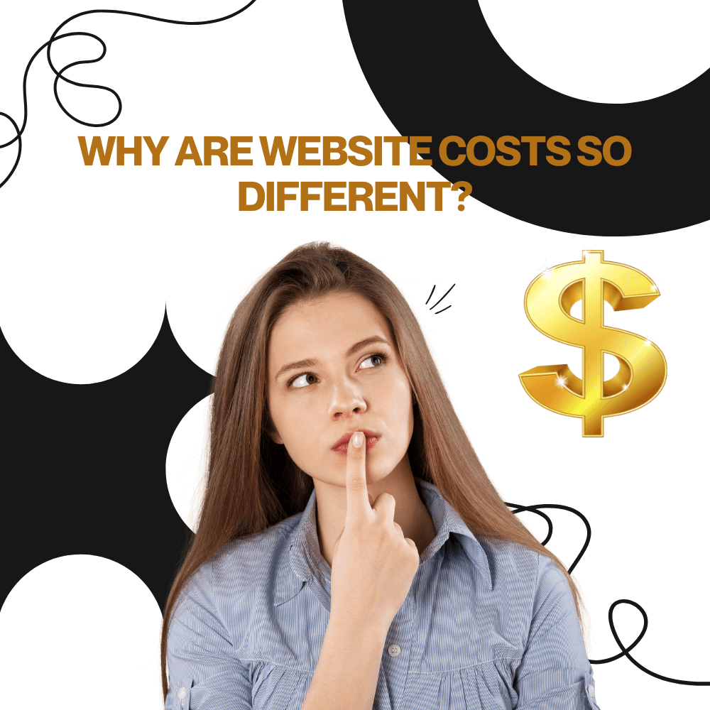 Woman pondering website cost differences, with a dollar sign graphic, highlighting web design pricing considerations.
