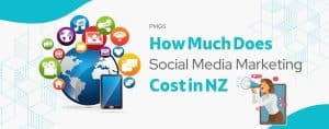 Graphic featuring social media icons surrounding a globe and a smartphone, with the text "How Much Does Social Media Marketing Cost in NZ?" from PMGS Digital Marketing, emphasizing social media marketing costs and strategies in New Zealand.