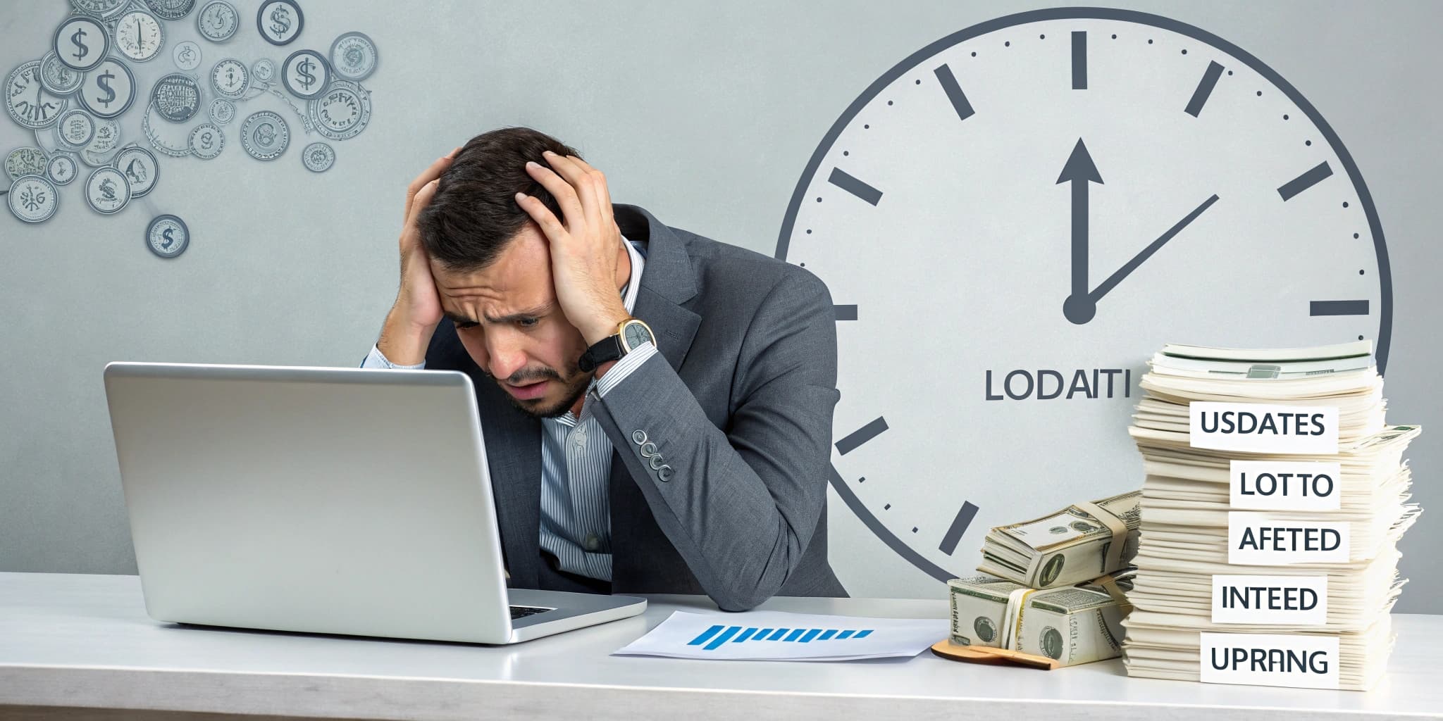 Frustrated businessman with hands on head, sitting at desk with laptop, stacks of cash, and clock, illustrating the stress of inefficient website maintenance and lost revenue.