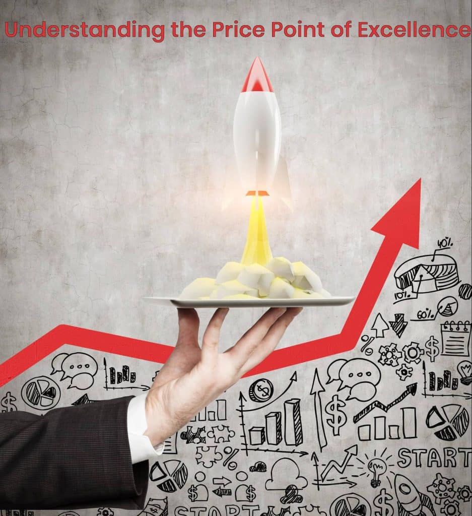 Hand holding a plate with a rocket launching, symbolizing growth and excellence in digital marketing, against a backdrop of graphs and business icons.