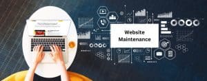 Person typing on a laptop with graphics illustrating website maintenance strategies and analytics.