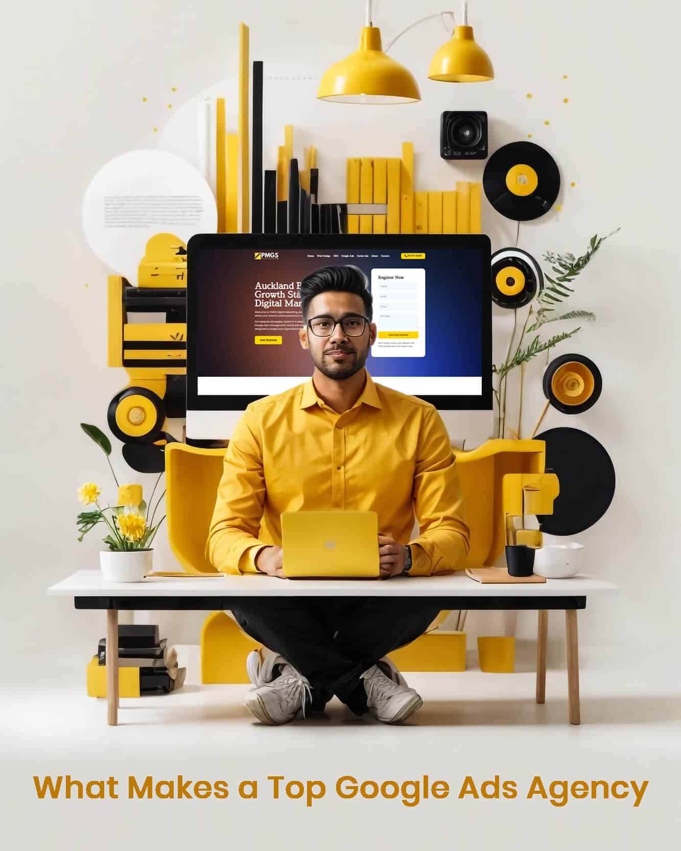 Person in yellow shirt seated at a desk with a laptop, surrounded by vibrant yellow and black decor, showcasing a computer screen with PMGS branding and Google Ads campaign information, emphasizing digital marketing strategies in Auckland.