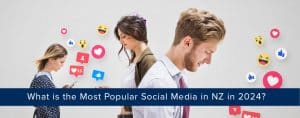 Three individuals engaging with smartphones surrounded by social media icons and emojis, with the text "What is the Most Popular Social Media in NZ in 2024?" prominently displayed.