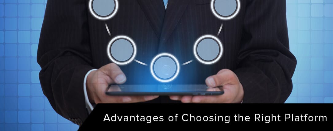 Business professional holding tablet with digital interface, emphasizing advantages of choosing the right web design platform for optimal online presence.