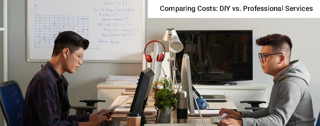 Two individuals analyzing costs of DIY versus professional services for eCommerce website development, with a whiteboard displaying a graph and programming notes in a modern office setting.
