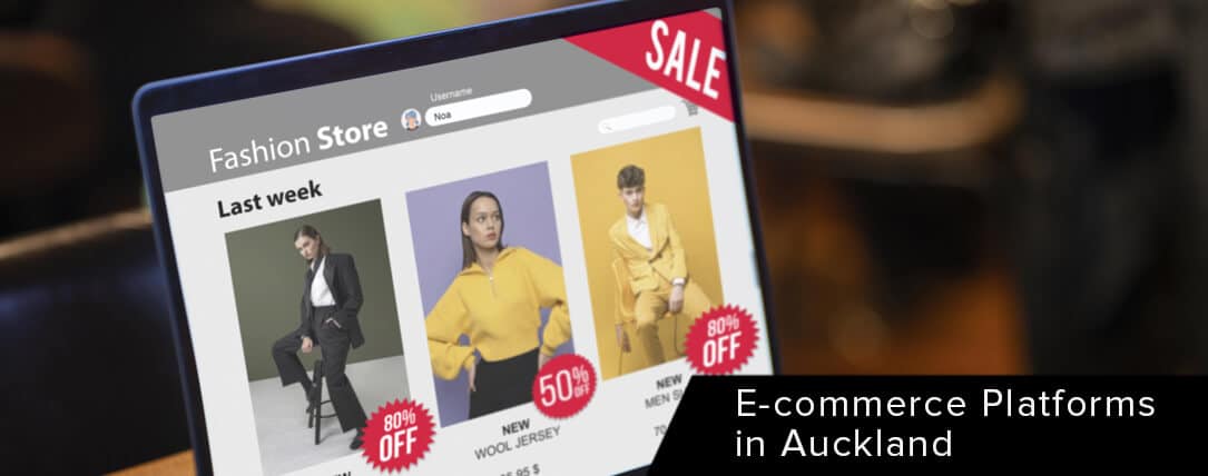 Fashion store webpage displaying e-commerce platform features, showcasing models in clothing, promotional discounts, and the title "E-commerce Platforms in Auckland."