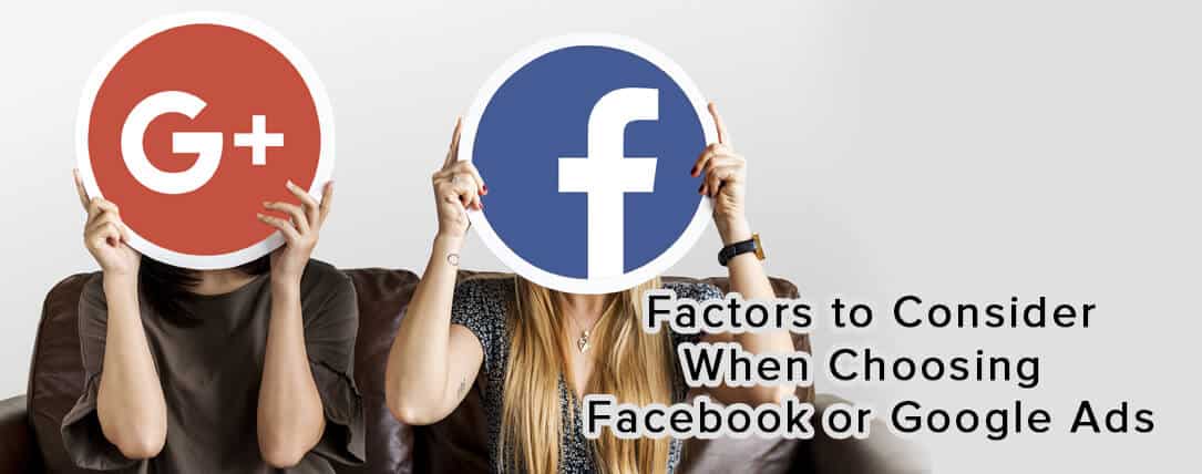Two individuals holding signs with Google and Facebook logos, representing factors to consider when choosing between Facebook Ads and Google Ads for effective digital marketing strategies.