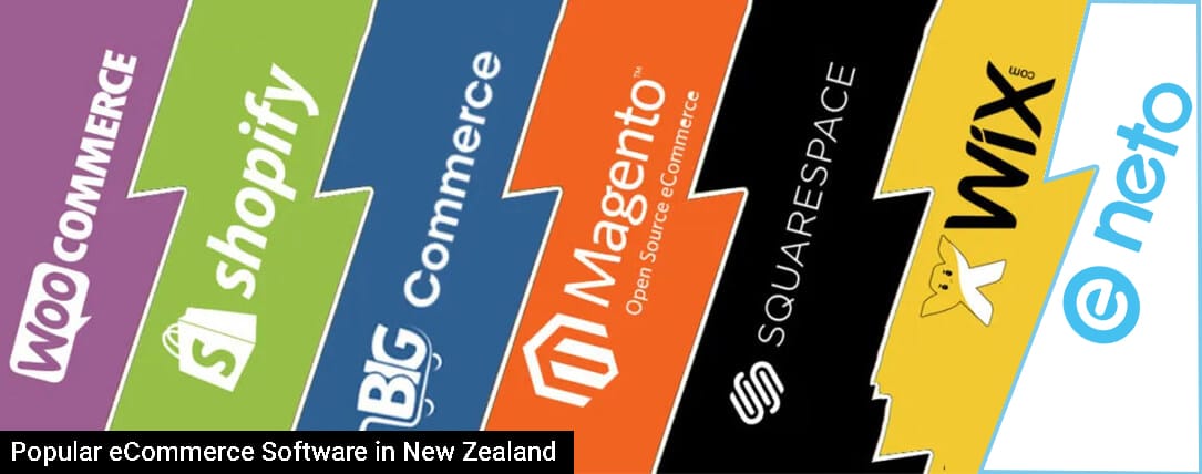 Popular eCommerce software logos including WooCommerce, Shopify, BigCommerce, Magento, Squarespace, Wix, and Neto, highlighting options for online business solutions in New Zealand.