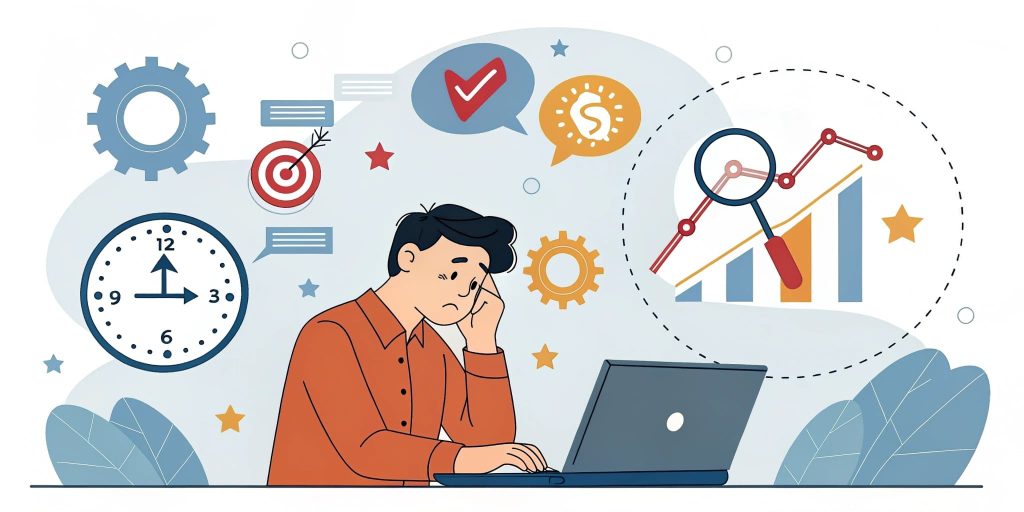 Illustration of a worried man at a laptop, surrounded by SEO-related icons like gears, a clock, a target, and a magnifying glass over a growth chart, symbolizing the challenges and complexities of managing SEO independently.