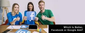 Three individuals holding a Facebook logo, discussing digital advertising strategies, with text overlay questioning the superiority of Facebook or Google Ads.