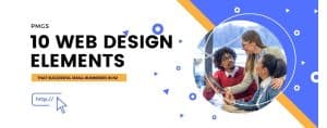 PMGS Digital banner featuring "10 Web Design Elements," showcasing a diverse group collaborating on a design project, emphasizing effective web design for small businesses in New Zealand.