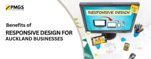 Benefits of responsive design for Auckland businesses featuring a computer, tablet, and smartphone displaying "Responsive Design," with office supplies on a desk.