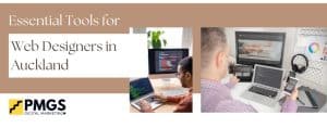 Essential tools for web designers in Auckland, featuring a person working on a laptop and multiple screens displaying design software and graphics.
