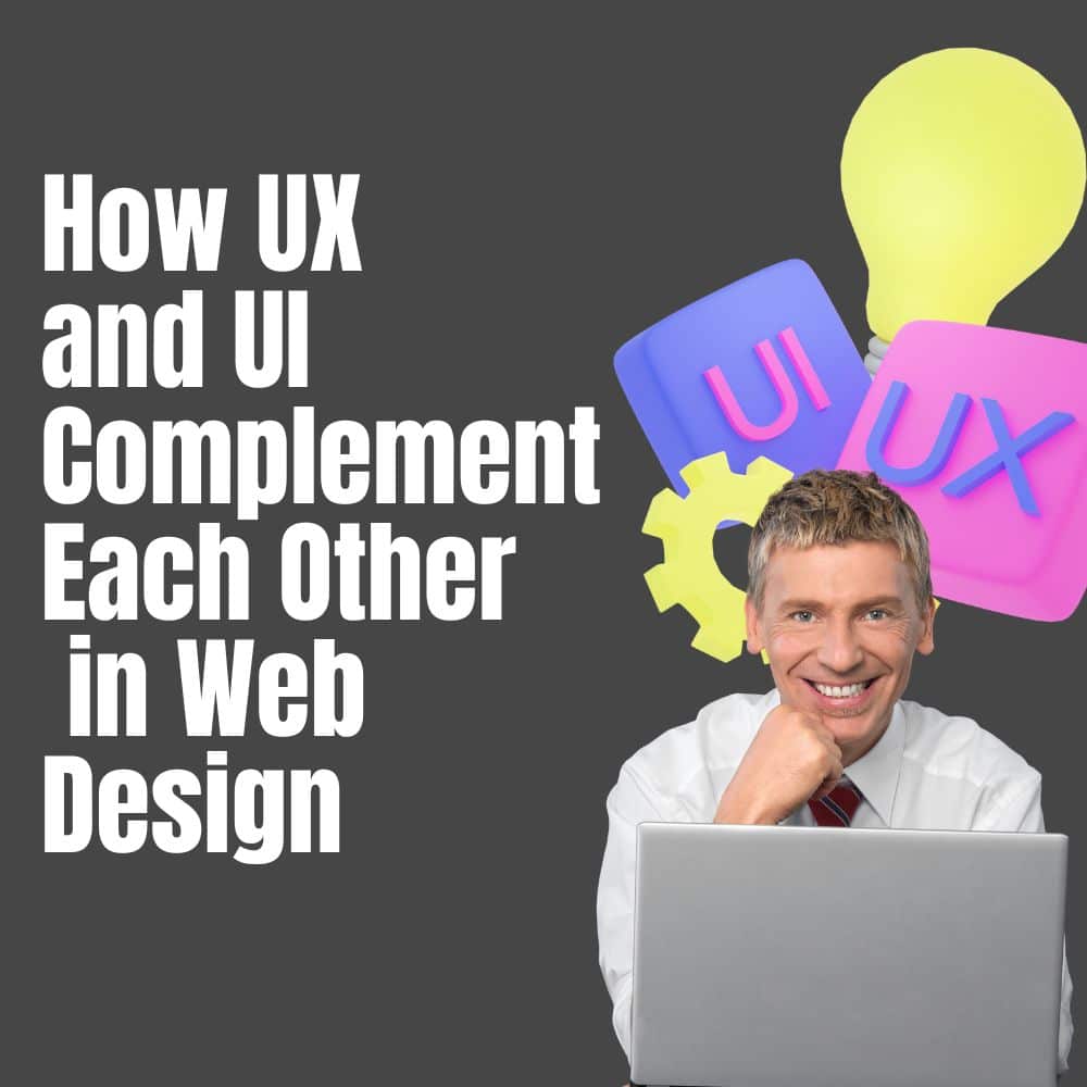 Man smiling while sitting at a laptop, with colorful icons representing UX and UI design concepts in the background, illustrating the synergy between user experience and user interface in web design.