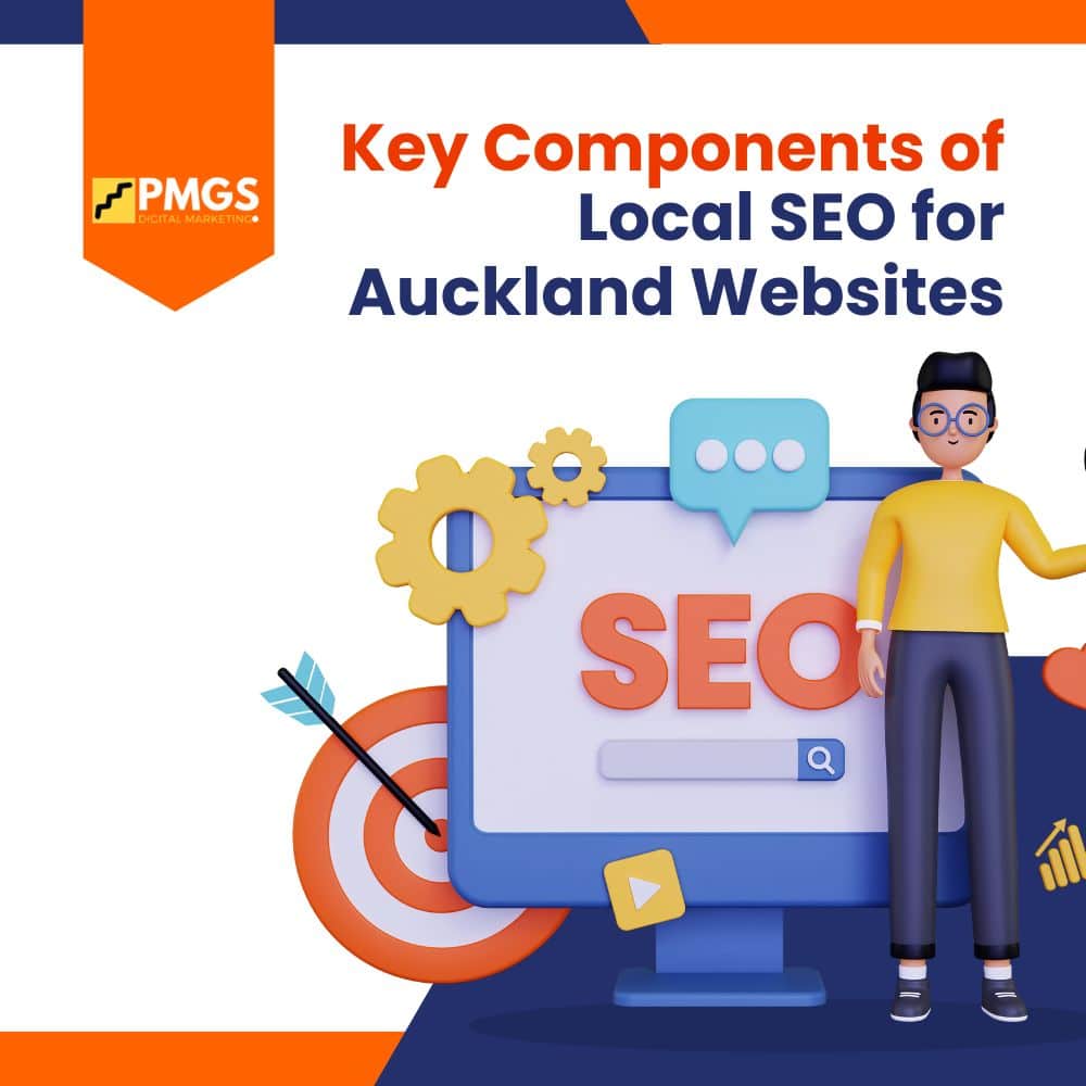 Key components of local SEO for Auckland websites, featuring a character with glasses next to a computer displaying "SEO," gears, a speech bubble, and a target symbol, emphasizing digital marketing strategies.