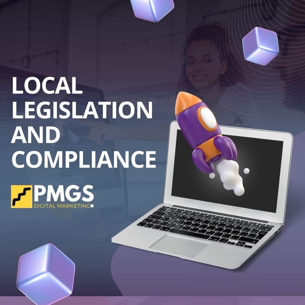 Local legislation and compliance graphic featuring a laptop with a rocket icon, emphasizing website accessibility standards and PMGS Digital Marketing branding.