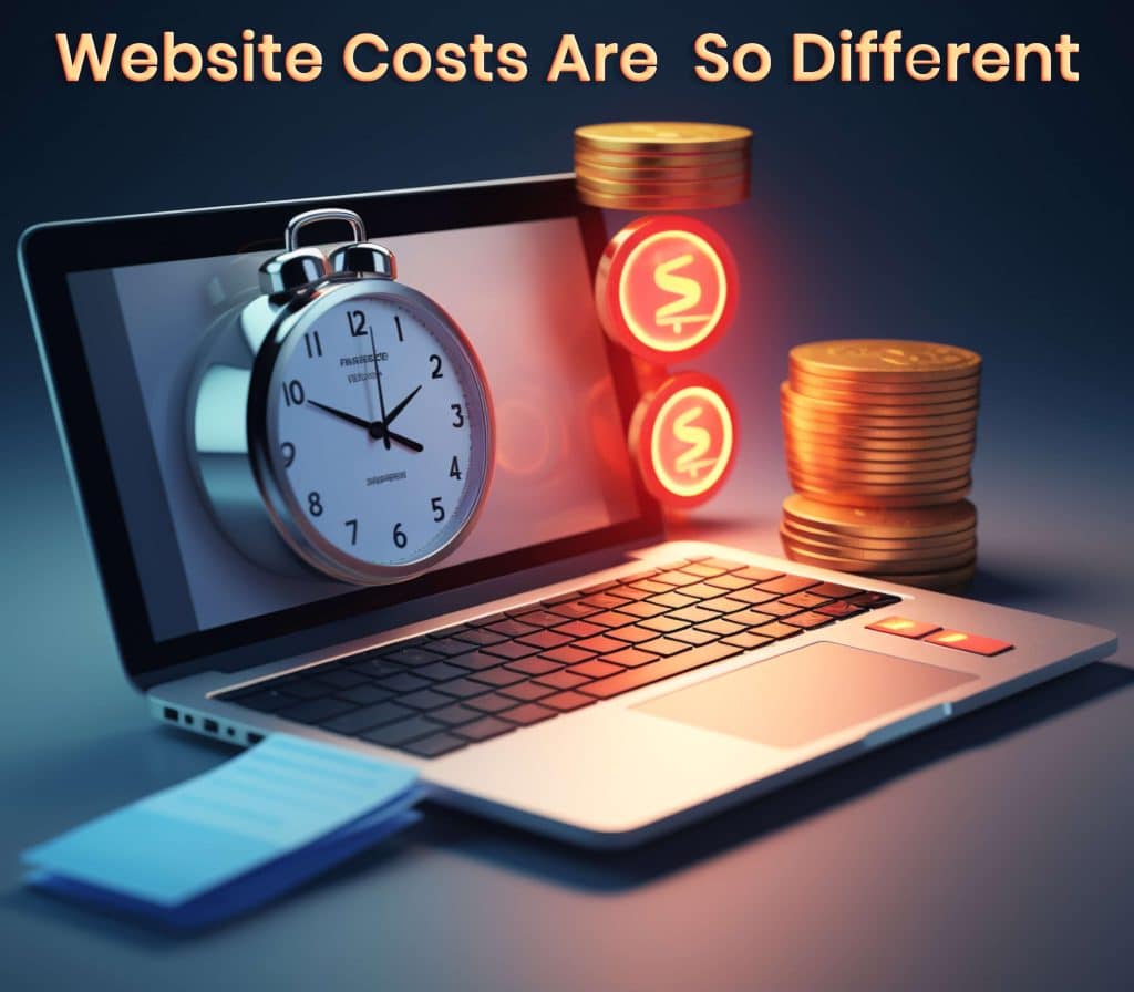 Laptop displaying a clock and stacked coins, emphasizing the varying costs of website design services, with the text "Website Costs Are So Different."