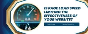 Speedometer displaying website load speed of 36.46 seconds, questioning if page load speed limits website effectiveness, relevant to UX and performance in web design.