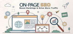 On-page SEO illustration featuring a computer screen with a globe and webpage, surrounded by icons representing traffic, analytics, and optimization strategies to boost rankings and drive more traffic.