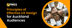 Hands joining in a fist bump over design materials, symbolizing collaboration in effective UX design for Auckland audiences, with PMGS branding.