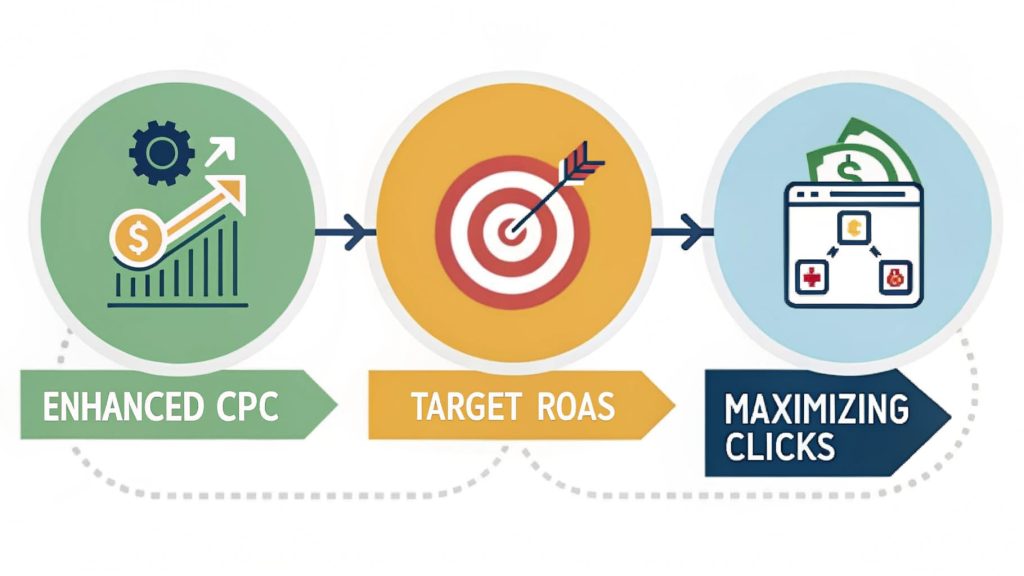 Enhanced CPC, Target ROAS, and Maximizing Clicks flowchart illustrating Google Ads bidding strategies for cost efficiency and optimized conversions.