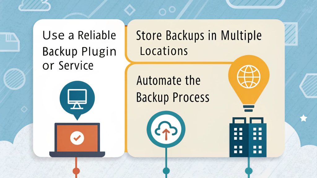 Infographic illustrating website backup strategies, featuring icons for backup plugins, multiple storage locations, and automation processes, emphasizing data security and business continuity.