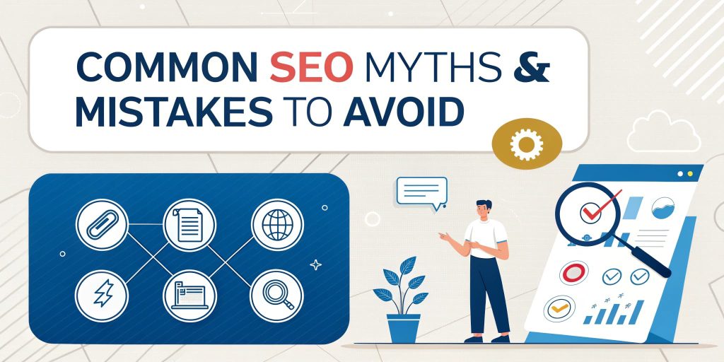 Common SEO myths and mistakes to avoid, featuring a man standing beside a plant and a checklist, with icons representing SEO concepts like analytics and optimization.