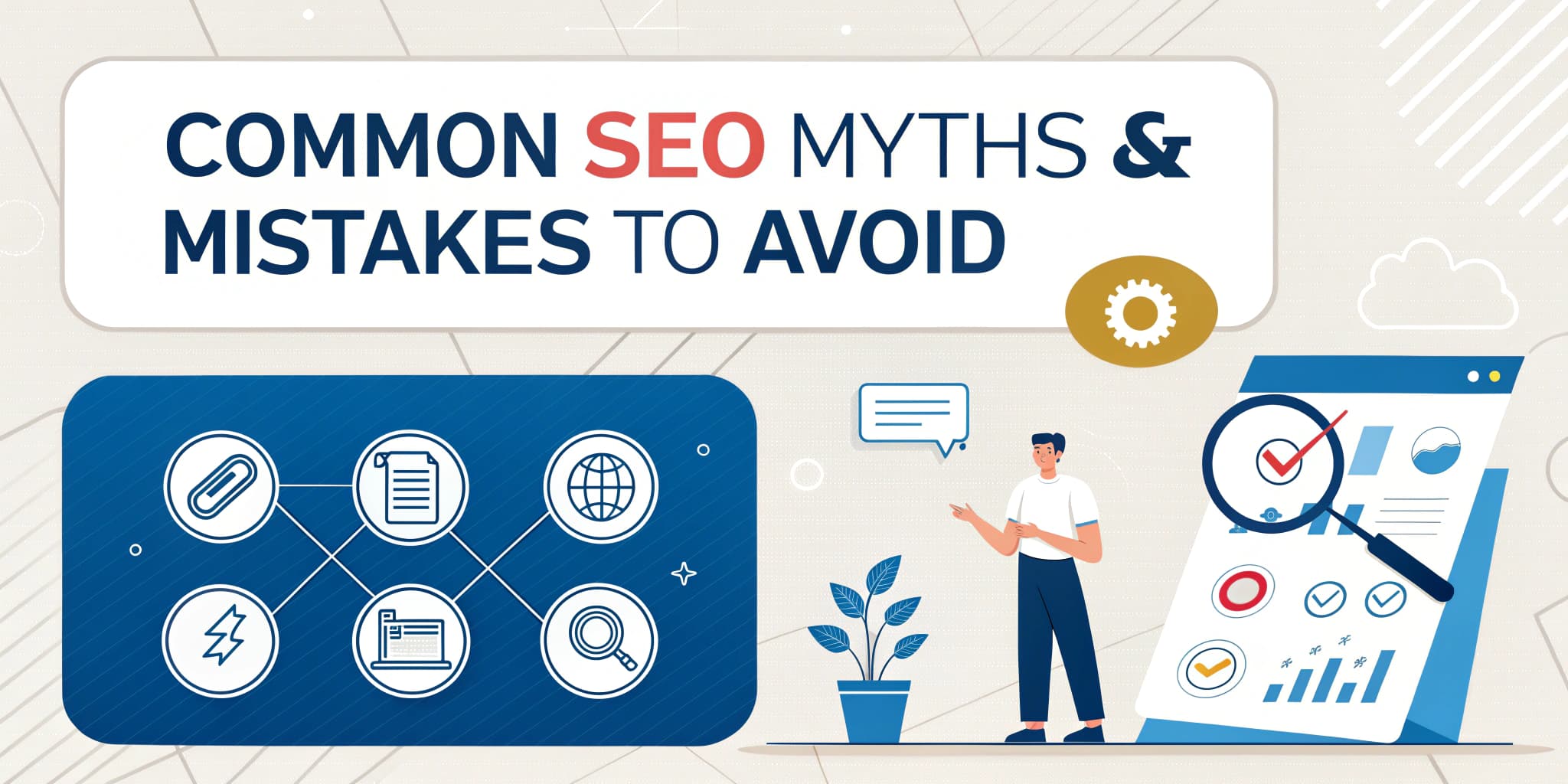 Common SEO myths and mistakes to avoid, featuring a graphic with icons representing SEO elements and a person analyzing data on a screen.