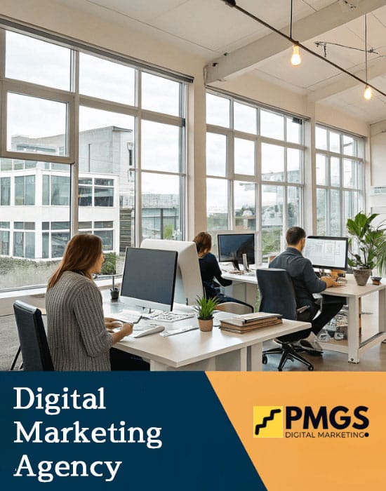 Office setting of PMGS Digital Marketing Agency in Auckland, featuring employees working at computers, large windows with natural light, and a modern workspace design.