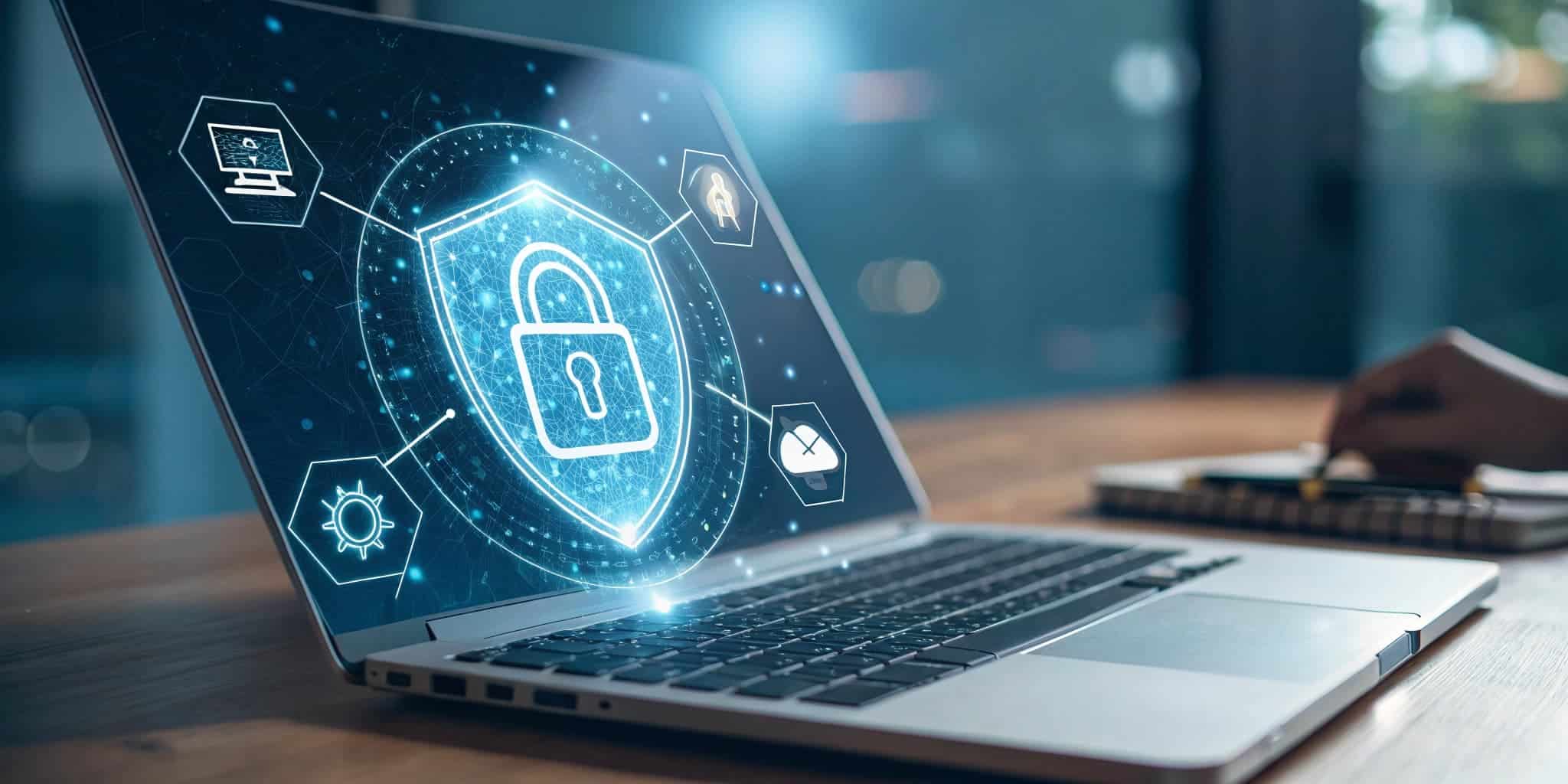 Laptop displaying a digital padlock graphic symbolizing cybersecurity protection, with icons representing security features like malware and phishing prevention, relevant to website security measures.