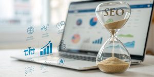 Hourglass labeled "SEO" beside a laptop displaying analytics graphs, symbolizing the time investment required for effective SEO strategies in digital marketing.