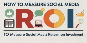 How to Measure Social Media ROI infographic with icons representing engagement metrics, investment analysis, and growth trends.