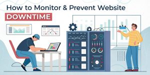 Illustration depicting a man working on a laptop and another person monitoring server performance, emphasizing strategies to monitor and prevent website downtime.