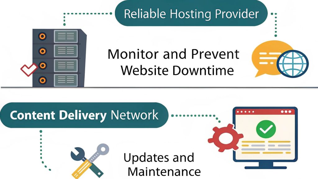 Reliable hosting provider and content delivery network icons illustrating strategies to monitor and prevent website downtime, emphasizing updates and maintenance.