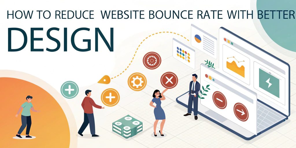 Illustration depicting website design strategies to reduce bounce rate, featuring diverse characters interacting with design elements and analytics on computer screens, emphasizing digital marketing concepts.