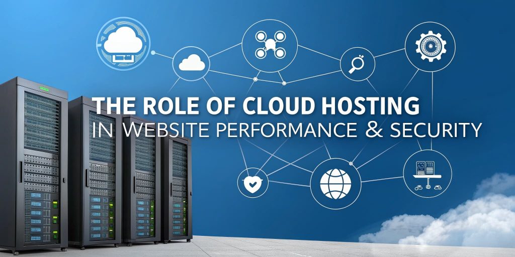 Cloud hosting servers with icons representing website performance and security, featuring the text "The Role of Cloud Hosting in Website Performance & Security."