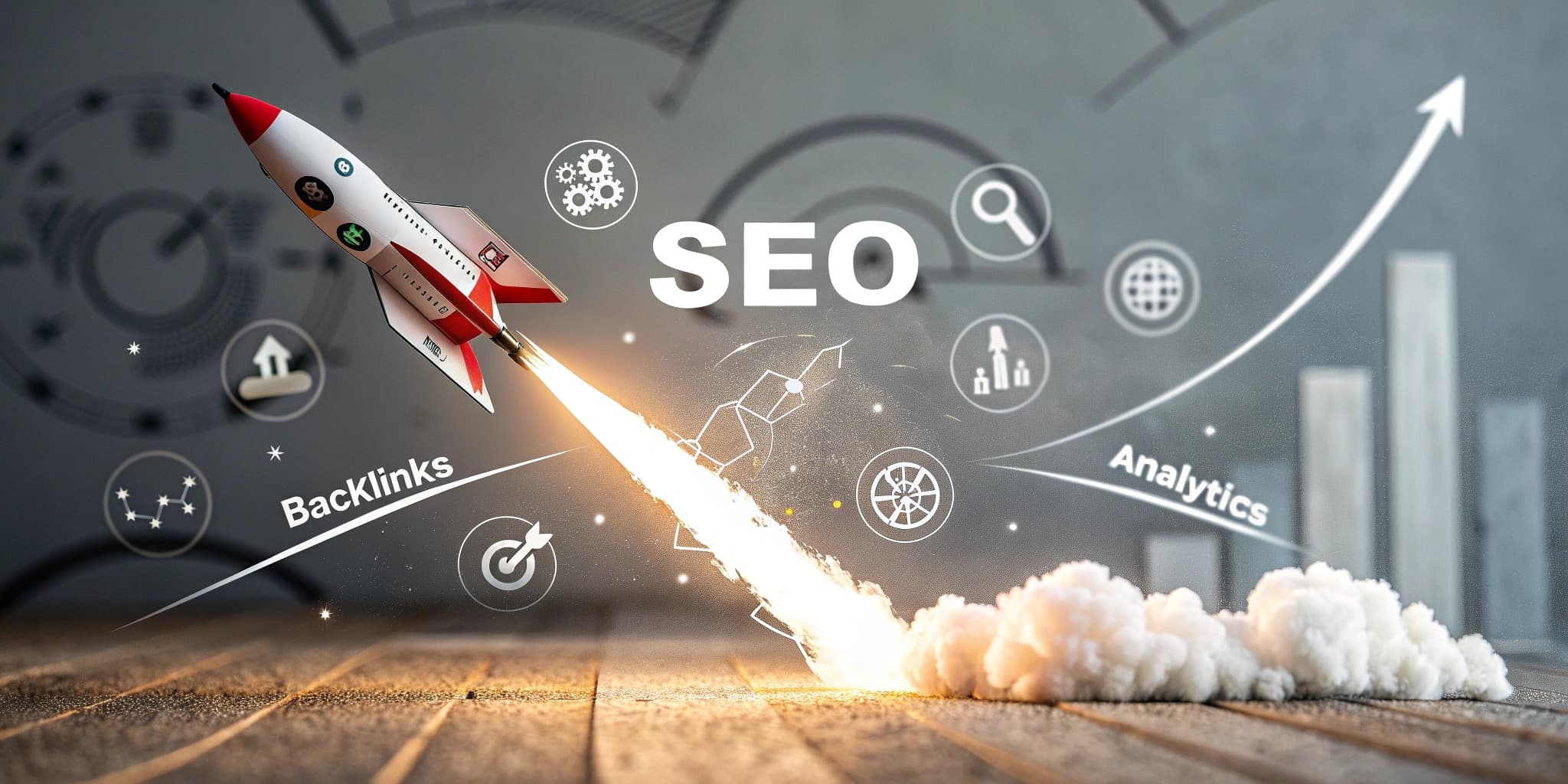 Rocket launching with SEO keywords like "Backlinks" and "Analytics," symbolizing accelerated digital marketing strategies for improved search engine rankings.