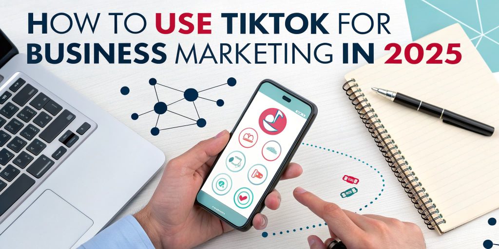 Smartphone displaying TikTok app interface with text "How to Use TikTok for Business Marketing in 2025," laptop and notebook in background, highlighting digital marketing strategies.