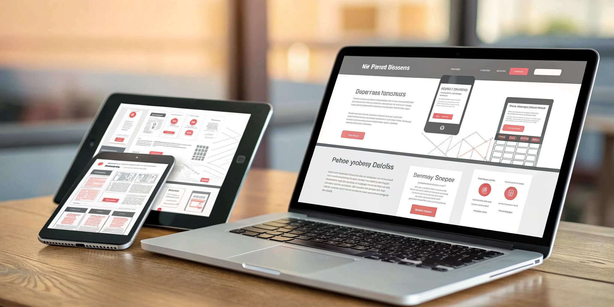 Devices displaying web design concepts, including a laptop and tablet, emphasizing responsive design for improved user experience and mobile optimization.