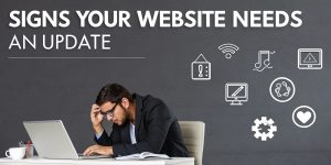 Man looking stressed while working on a laptop, with icons representing website maintenance and updates, highlighting signs your website needs an update.