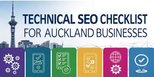 Technical SEO checklist graphic for Auckland businesses, featuring icons representing various SEO elements and the Auckland skyline.