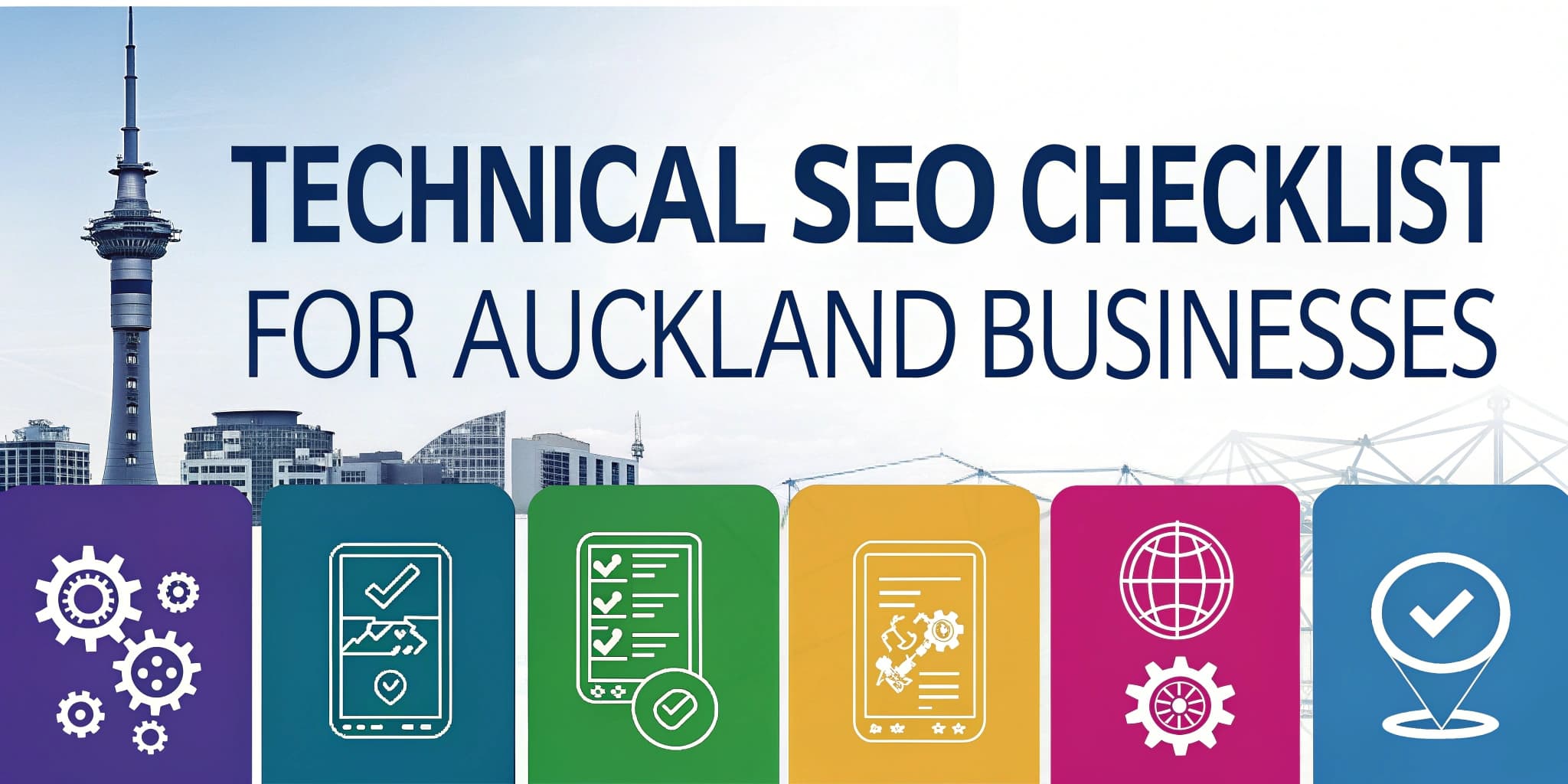 Technical SEO checklist graphic for Auckland businesses, featuring icons for optimization, mobile responsiveness, and website auditing, with the Auckland skyline in the background.