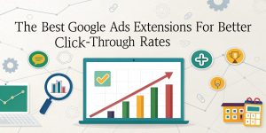 Illustration of a laptop displaying a graph with rising bars, accompanied by icons representing Google Ads extensions, emphasizing better click-through rates in digital marketing strategies.