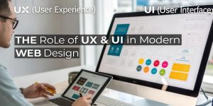 Person using tablet and desktop displaying UX/UI design concepts, emphasizing the role of user experience and user interface in modern web design.