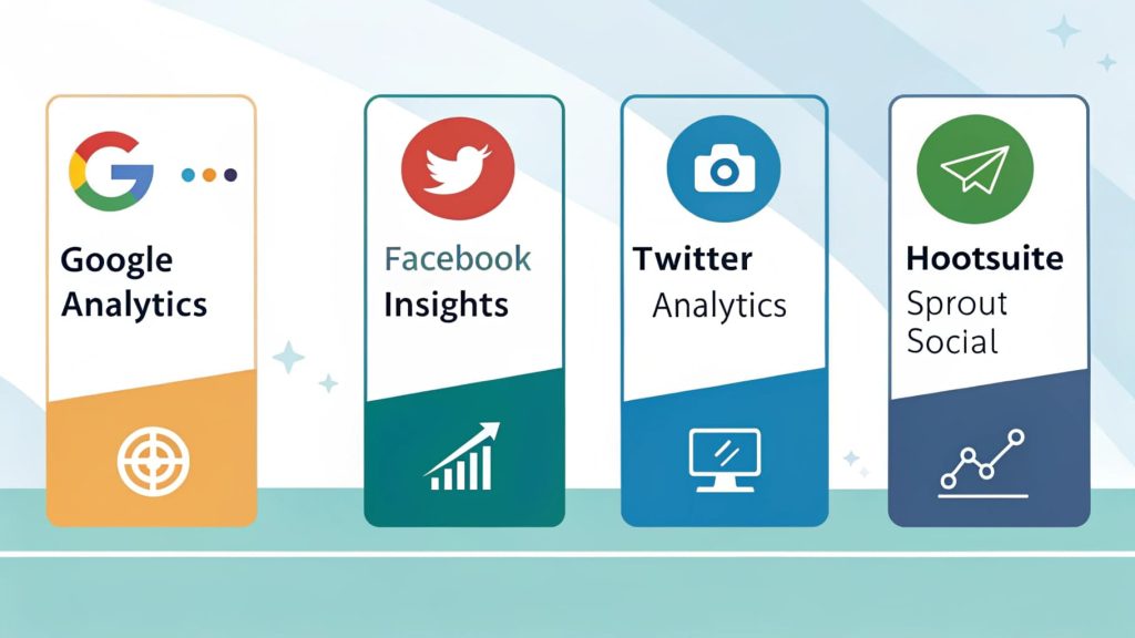 Google Analytics, Facebook Insights, Twitter Analytics, and Hootsuite Sprout Social logos representing recommended tools for measuring social media performance and ROI.
