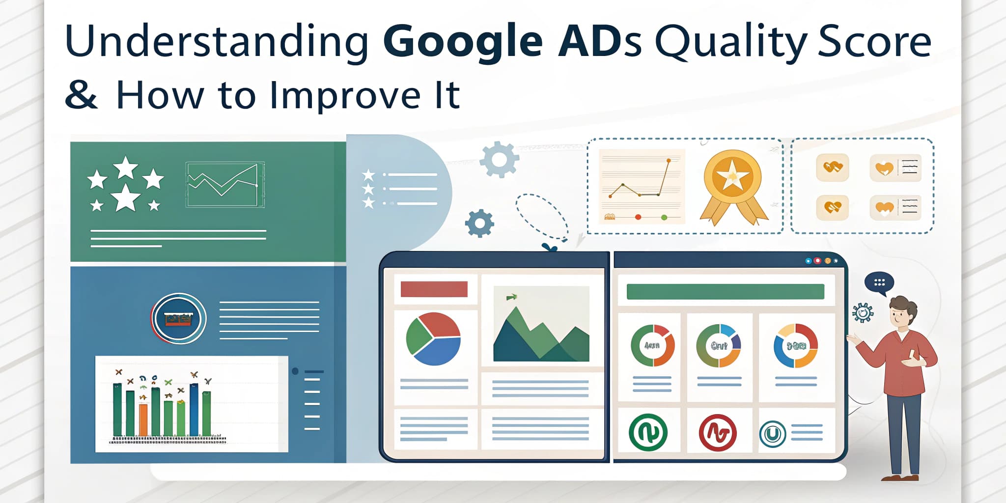 Understanding Google Ads Quality Score with charts, graphs, and a character explaining optimization strategies for better ad performance.