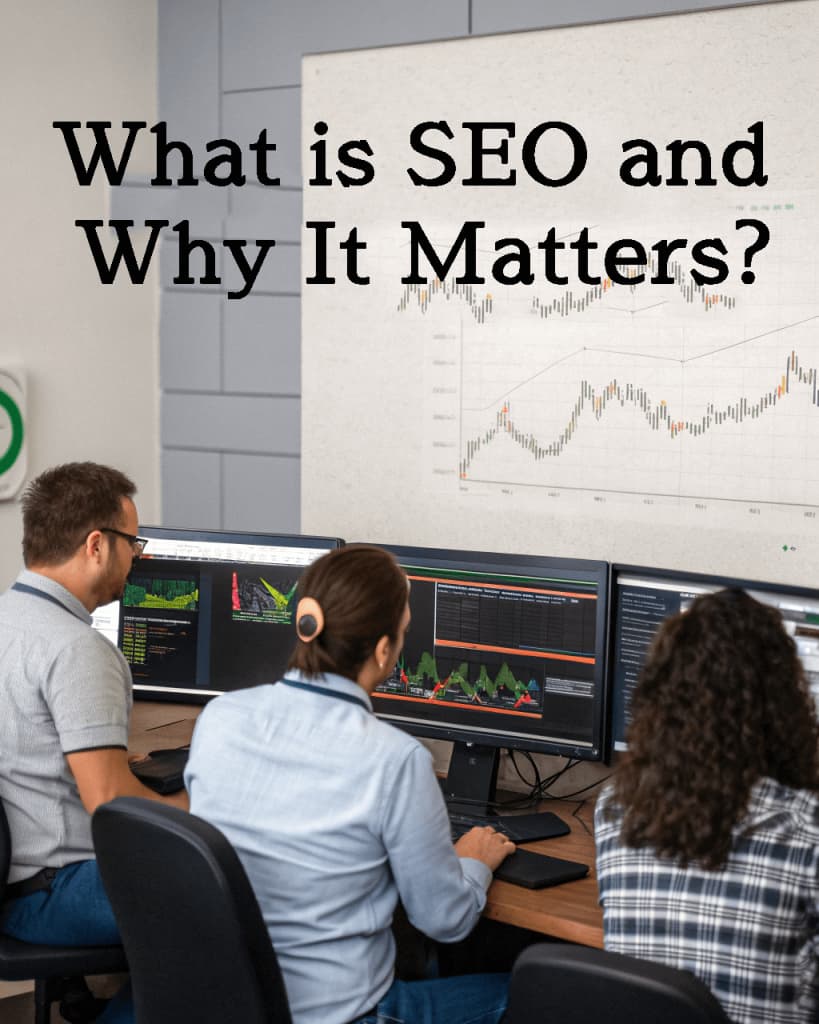 Team analyzing SEO data on multiple monitors in a digital marketing office, with text overlay "What is SEO and Why It Matters?"