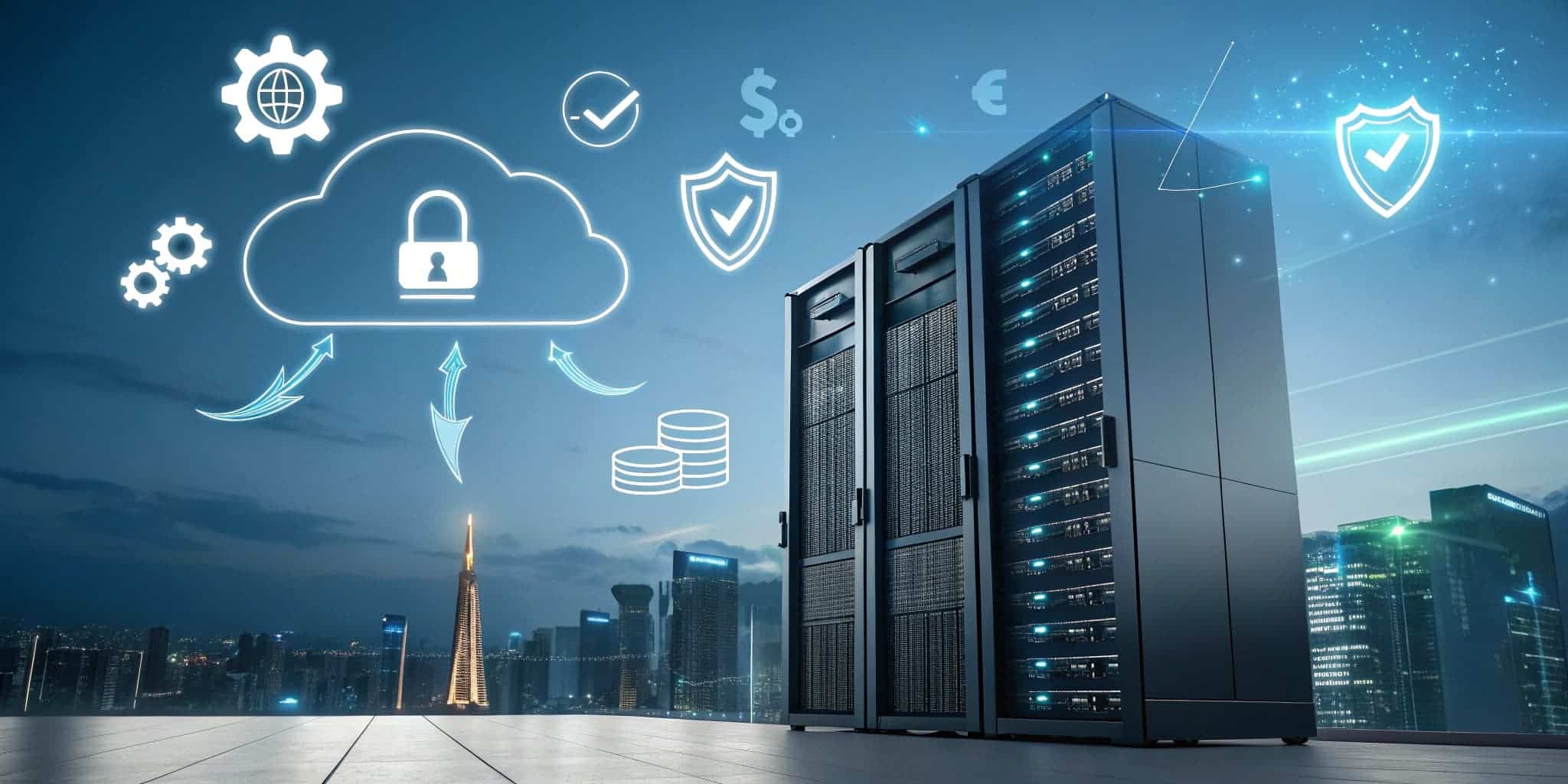 Cloud server with security icons and city skyline, illustrating cloud hosting benefits for website performance and security.