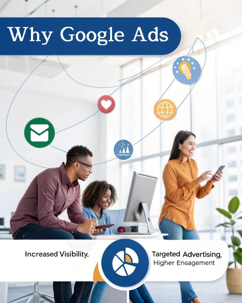 Why Google Ads graphic featuring two professionals in a modern office, showcasing increased visibility and targeted advertising benefits, with icons symbolizing engagement and communication.
