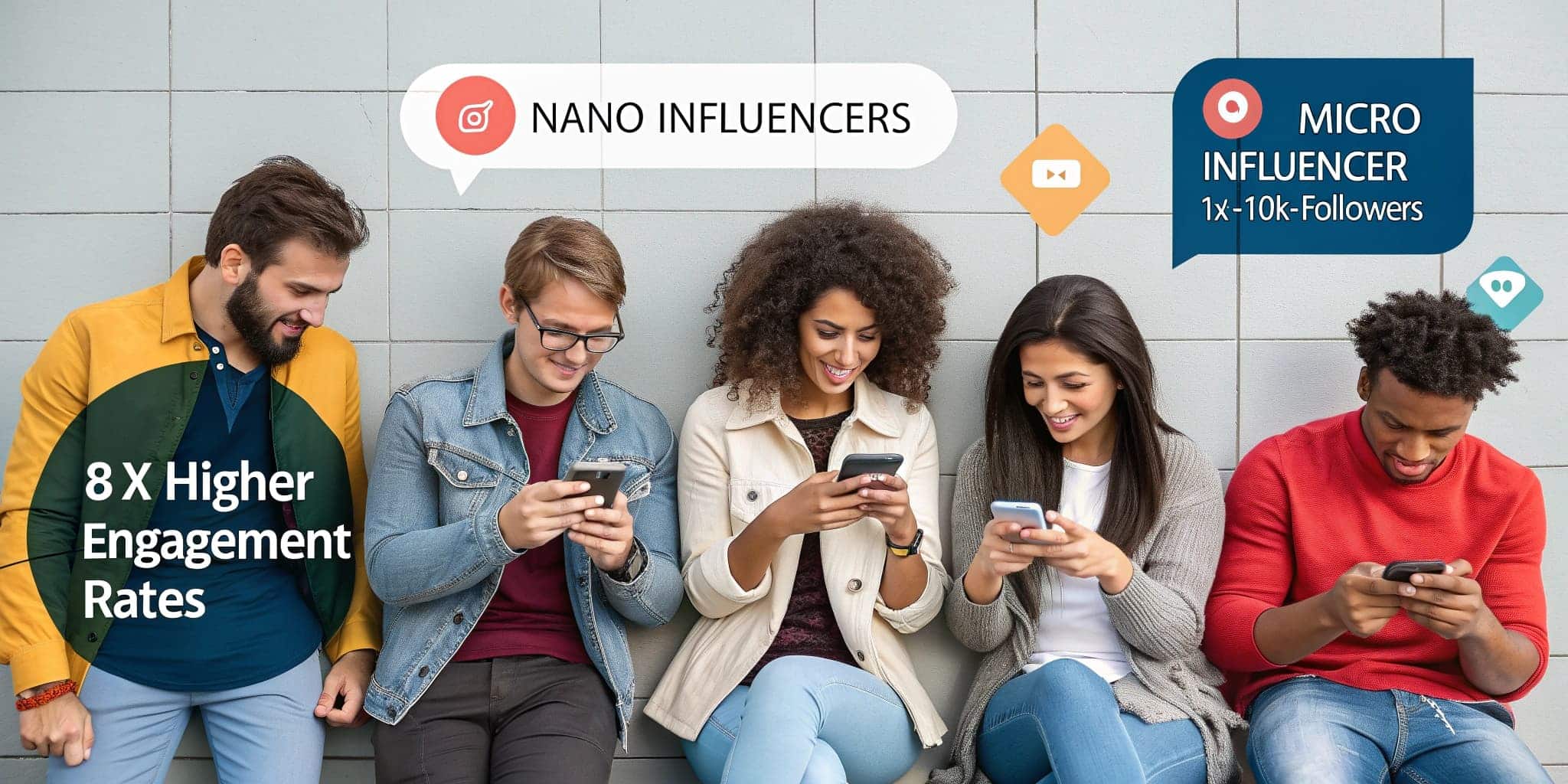 Group of diverse individuals engaging with smartphones, highlighting micro and nano influencers, with text emphasizing "8 X Higher Engagement Rates" and "Micro Influencer 1K-10K Followers."